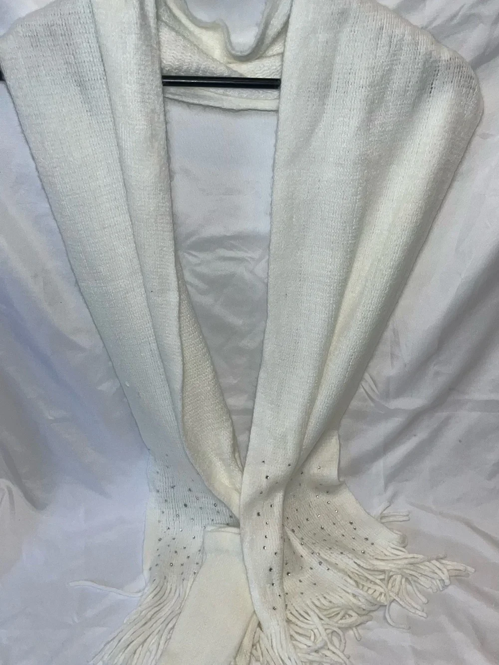 New York & Company Cream Rhinestone Fringe Scarf and Gloves Set